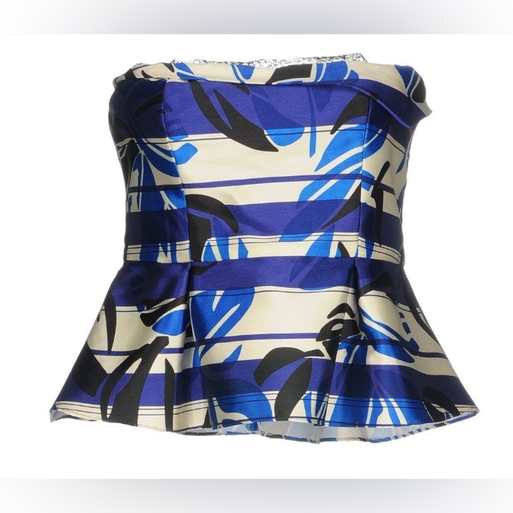 Hanita’s Blue and Cream Strapless Peplum Top